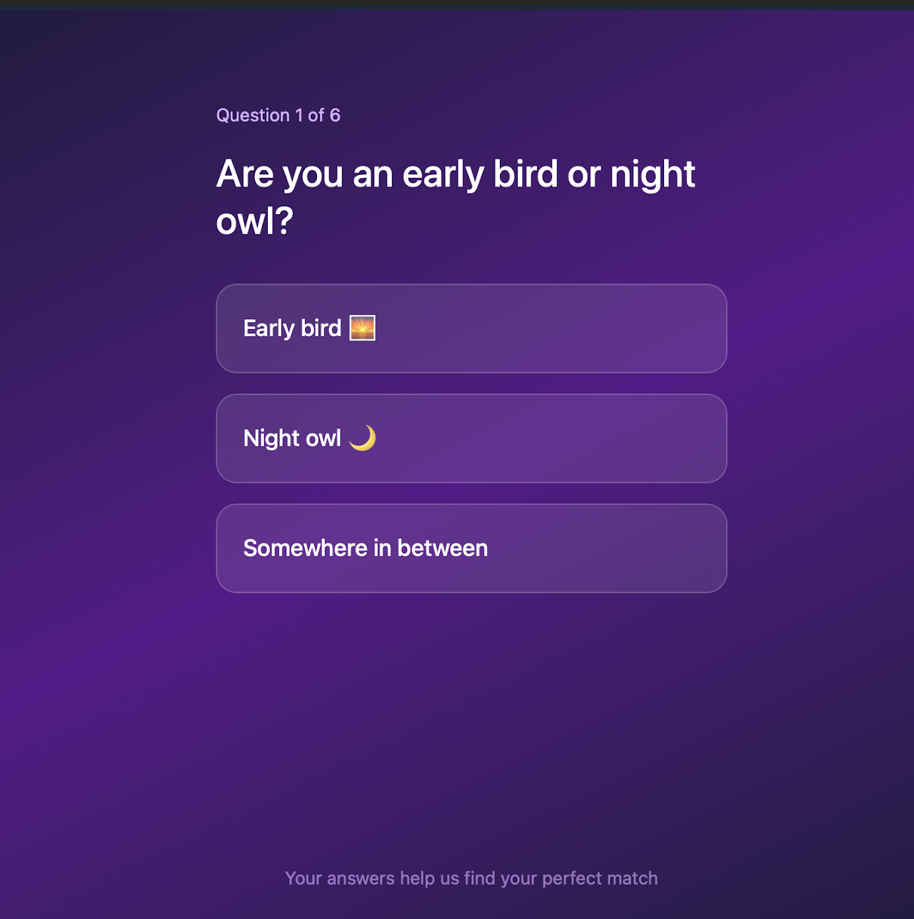 Preference quiz for blind matching concept