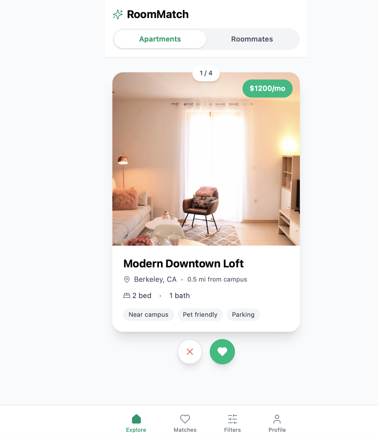 Swipe interaction — apartment listing card