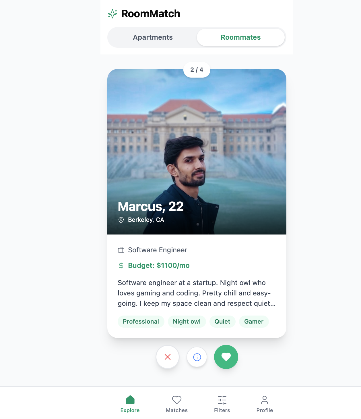 Swipe interaction — roommate profile card