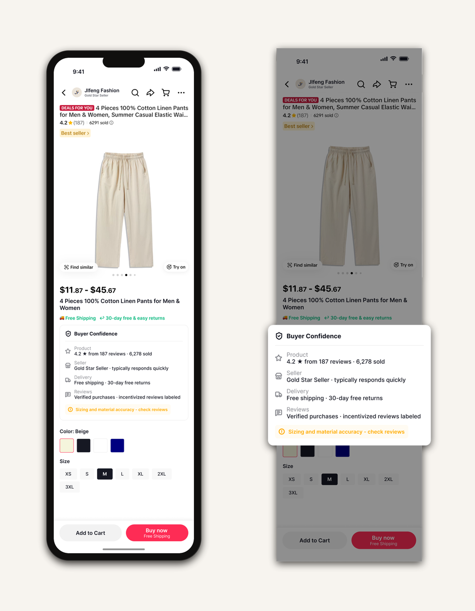 Product Detail Buyer Confidence — the product page next to the enlarged Buyer Confidence card