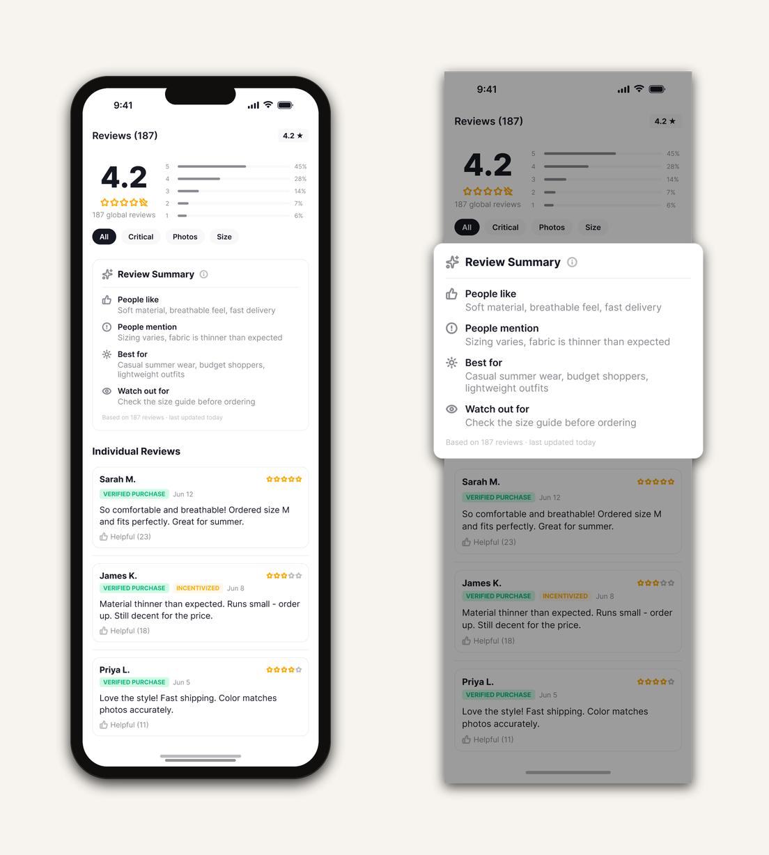 AI Review Summary Upgrade — the reviews page next to the enlarged Review Summary card