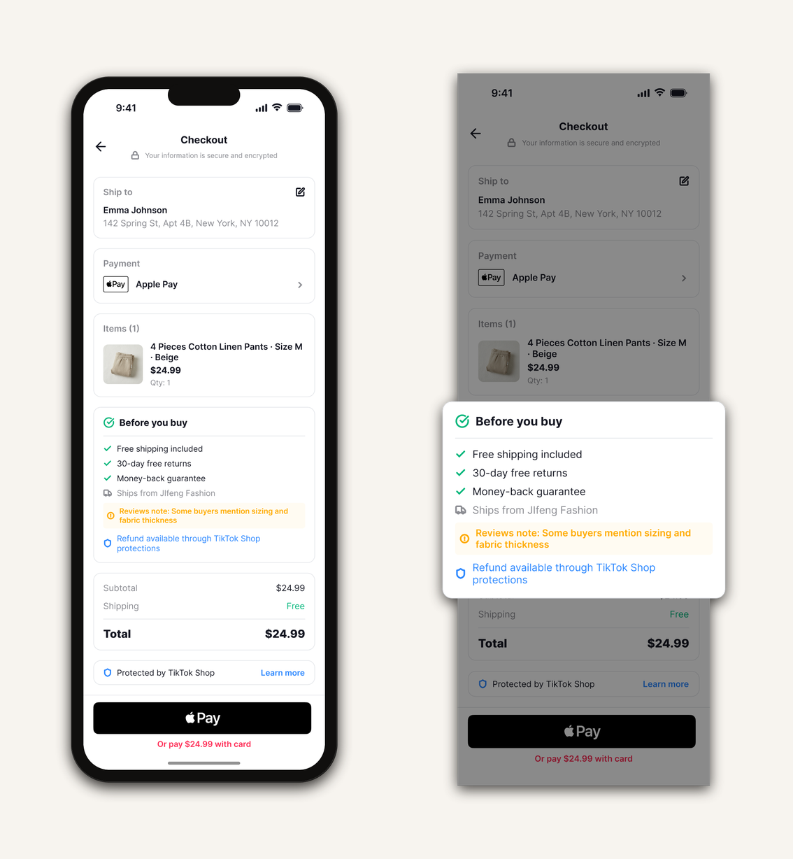 Checkout Confidence Panel — the checkout page next to the enlarged Before You Buy panel