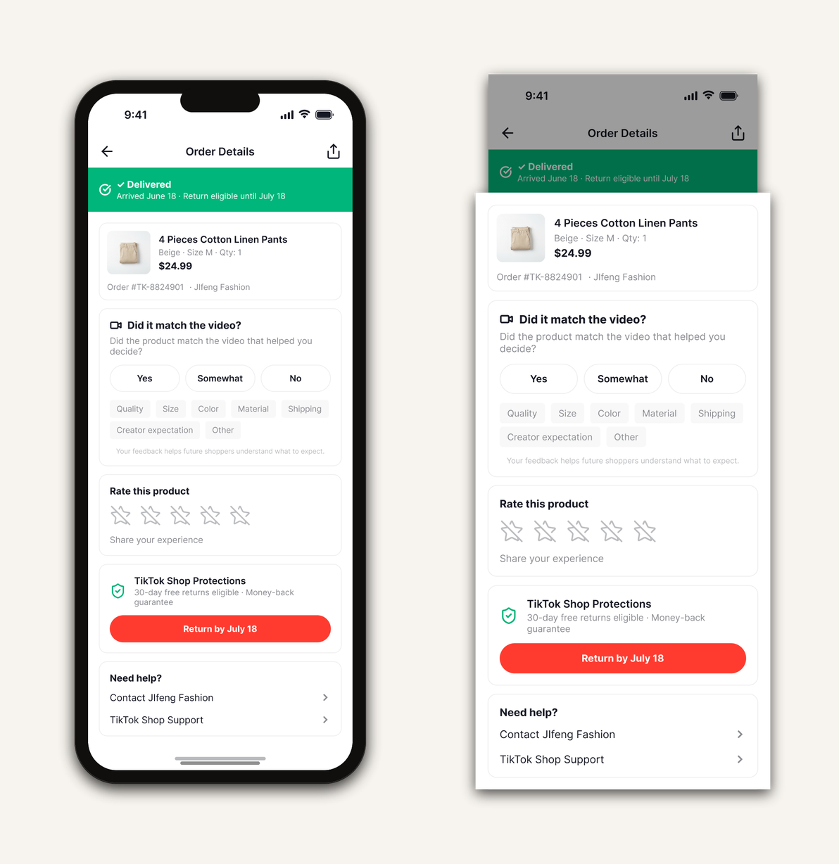 Post-Purchase Match Feedback — the order details page next to the enlarged match-feedback card